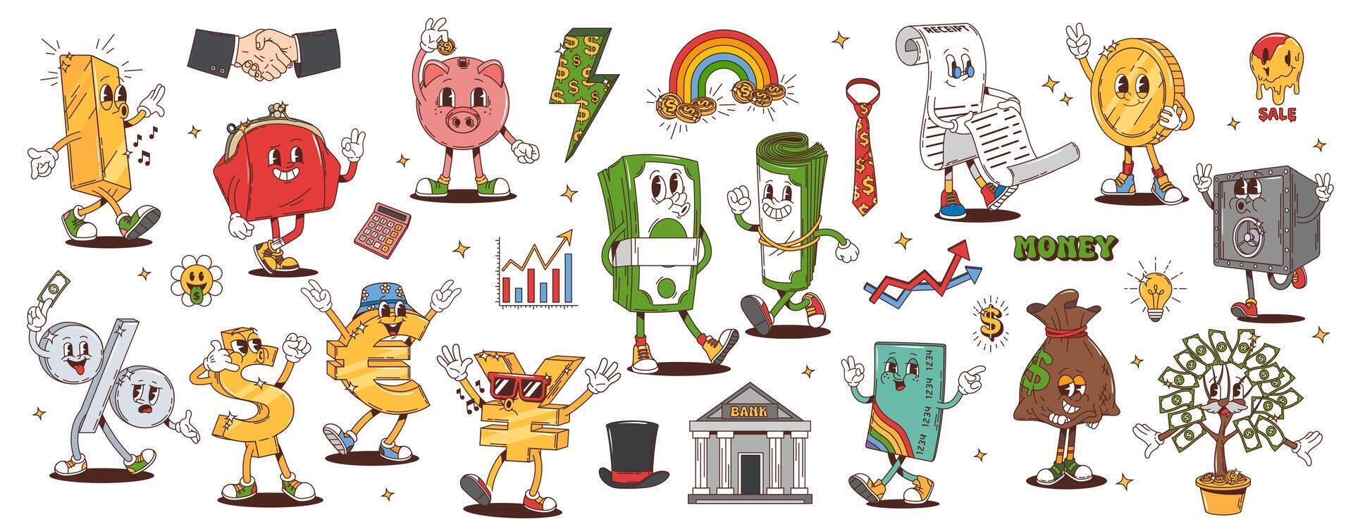 Retro groovy finance characters, money, bank, card vector