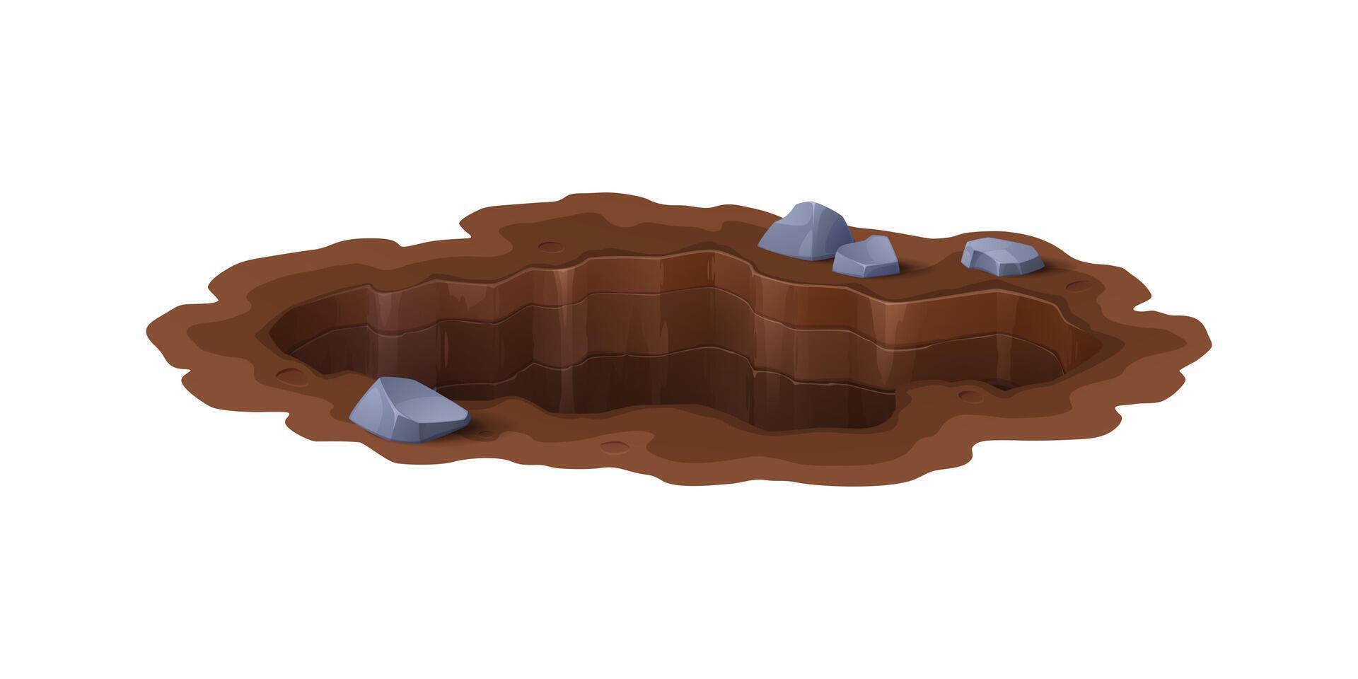 Cartoon deep dirty pit and burrow, ground hole vector