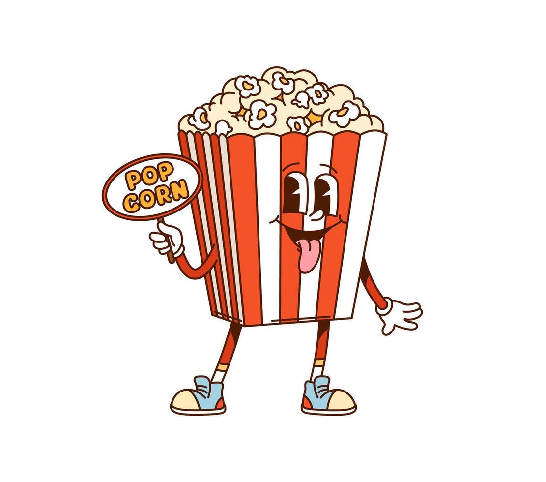 Cartoon popcorn bucket groovy fast food character vector