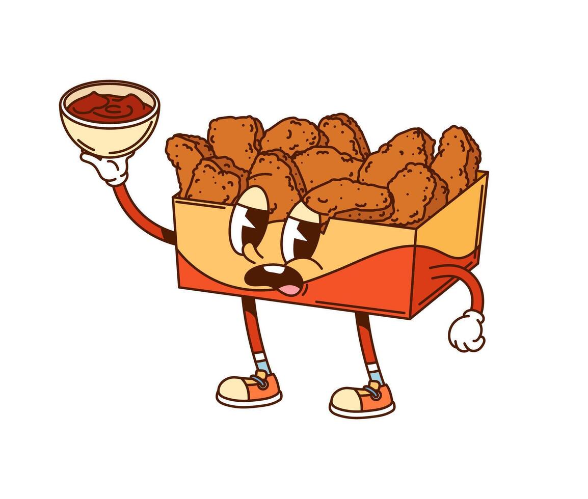 Cartoon groovy box of chicken nuggets character vector