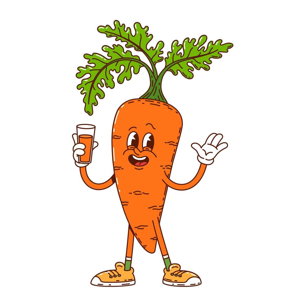 Groovy carrot vegetable funny character with juice vector