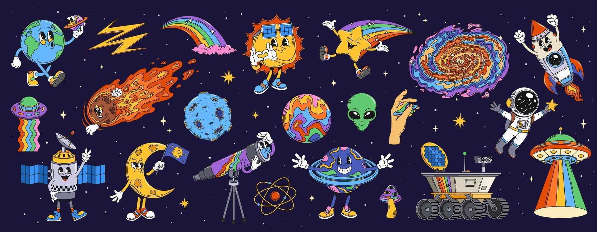 Retro cartoon groovy space characters set vector