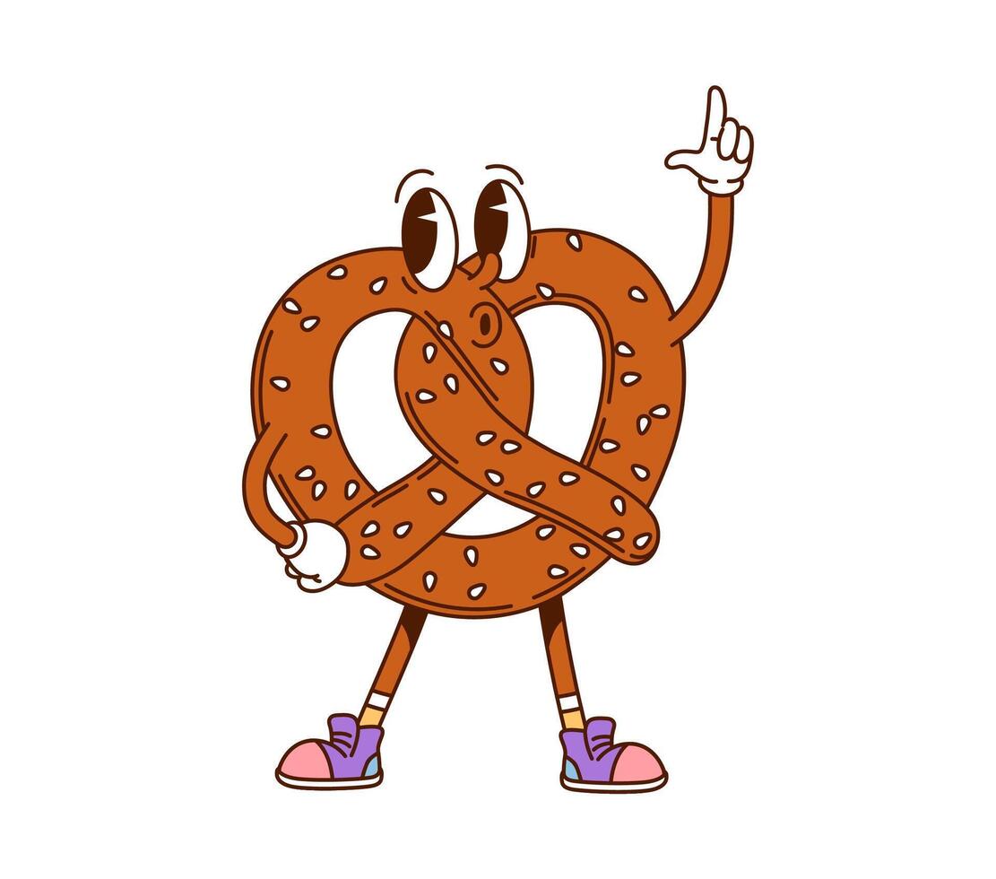 Cartoon pretzel groovy fast food retro character vector