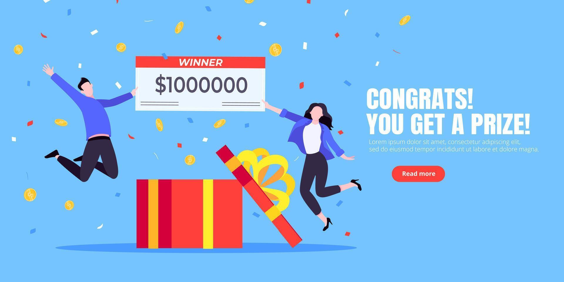 Happy lottery winners with big prize paycheck. vector