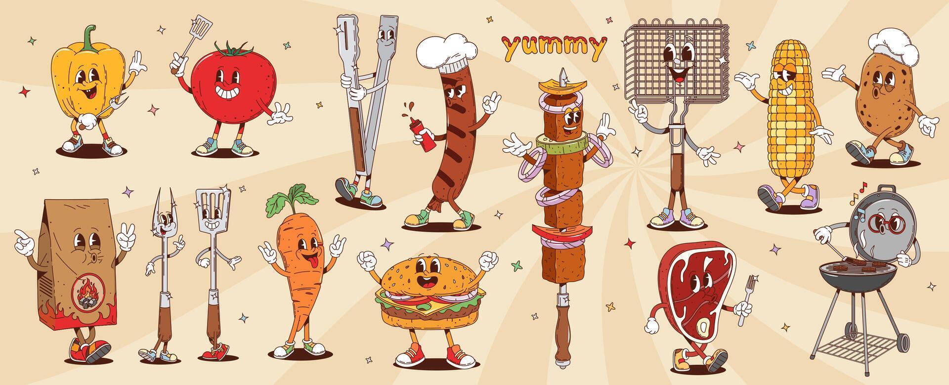 Retro groovy barbeque , cartoon bbq characters set vector