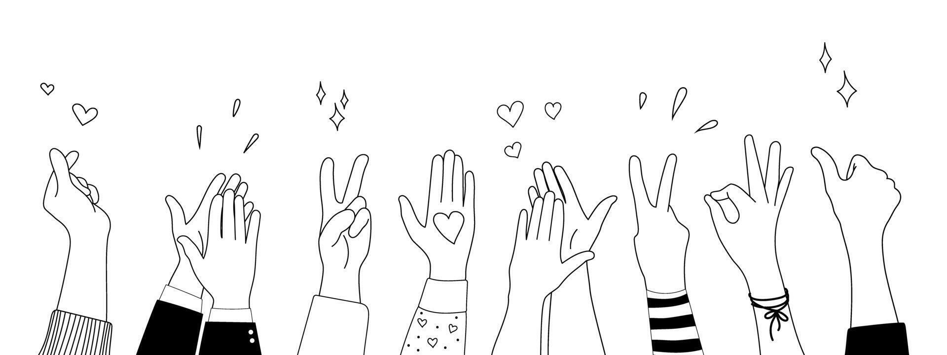 Doodle sketch hands up gestures comic icons silhouettes set. vector