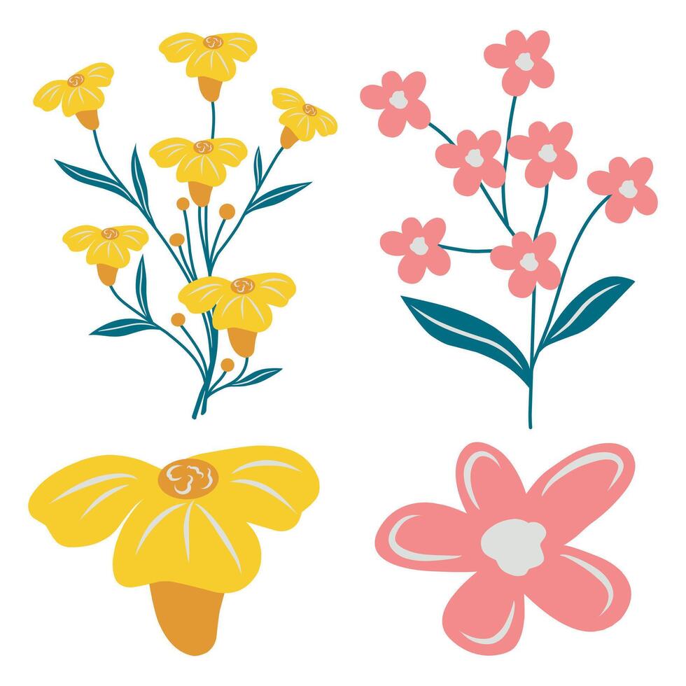 Yellow and pink flowers and branch leaves clip art isolated on white background for funny template design decoration or cute sticker in old fashioned style. vector