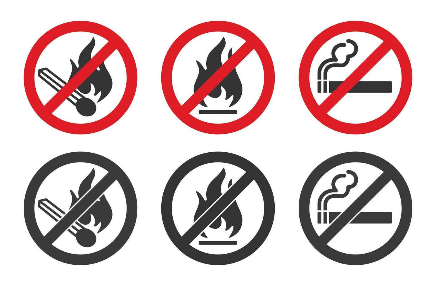 No open fire, no smoking icon symbol. No open flame sparkle logo sign. Not allowed, do not make fire. Prohibition, Prohibited, forbidden. Red circle illustration. Isolated on white background. vector