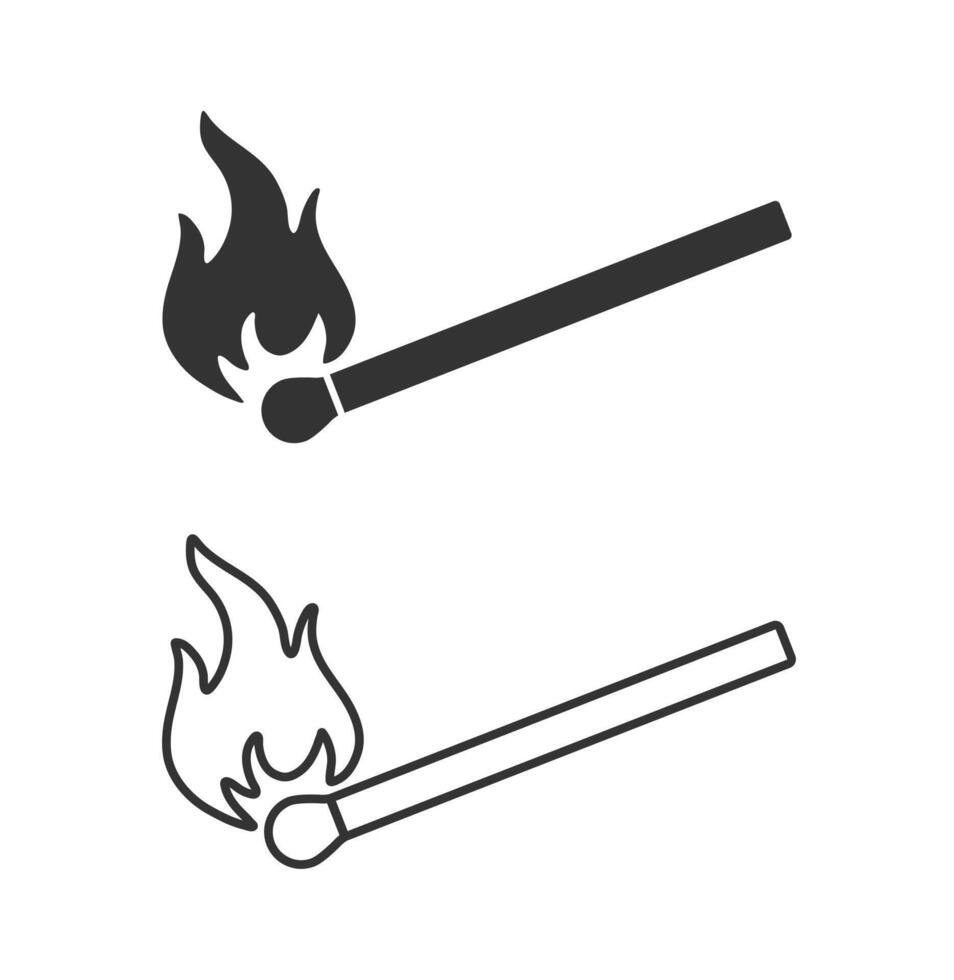 Burning match with fire icon symbol. Line art stroke. Match stick flame logo sign. Flammable, burn, ignite. illustration. Isolated on white background. vector