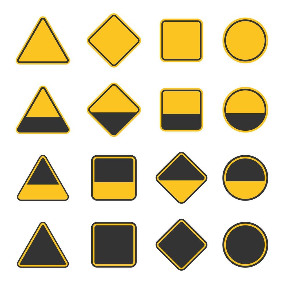 Empty yellow black warning sign symbol set. Blank caution traffic sign icon collection. illustration image. Isolated on white background. vector