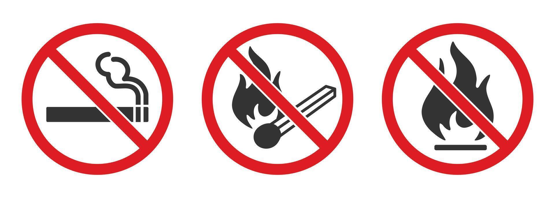 No open fire, no smoking icon symbol. No open flame sparkle logo sign. Not allowed, do not make fire. Prohibition, Prohibited, forbidden. illustration. Isolated on white background. vector