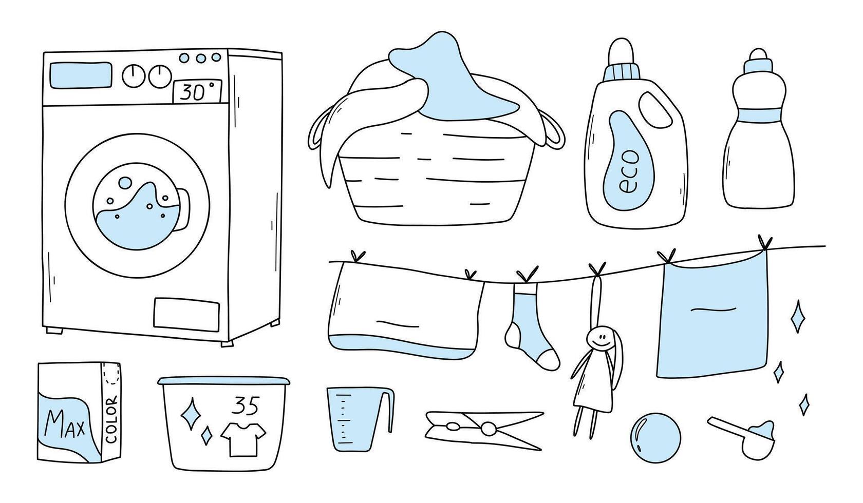 Set of laundry items in doodle style. Linear collection of laundry items. illustration. Isolated elements on a white background. vector