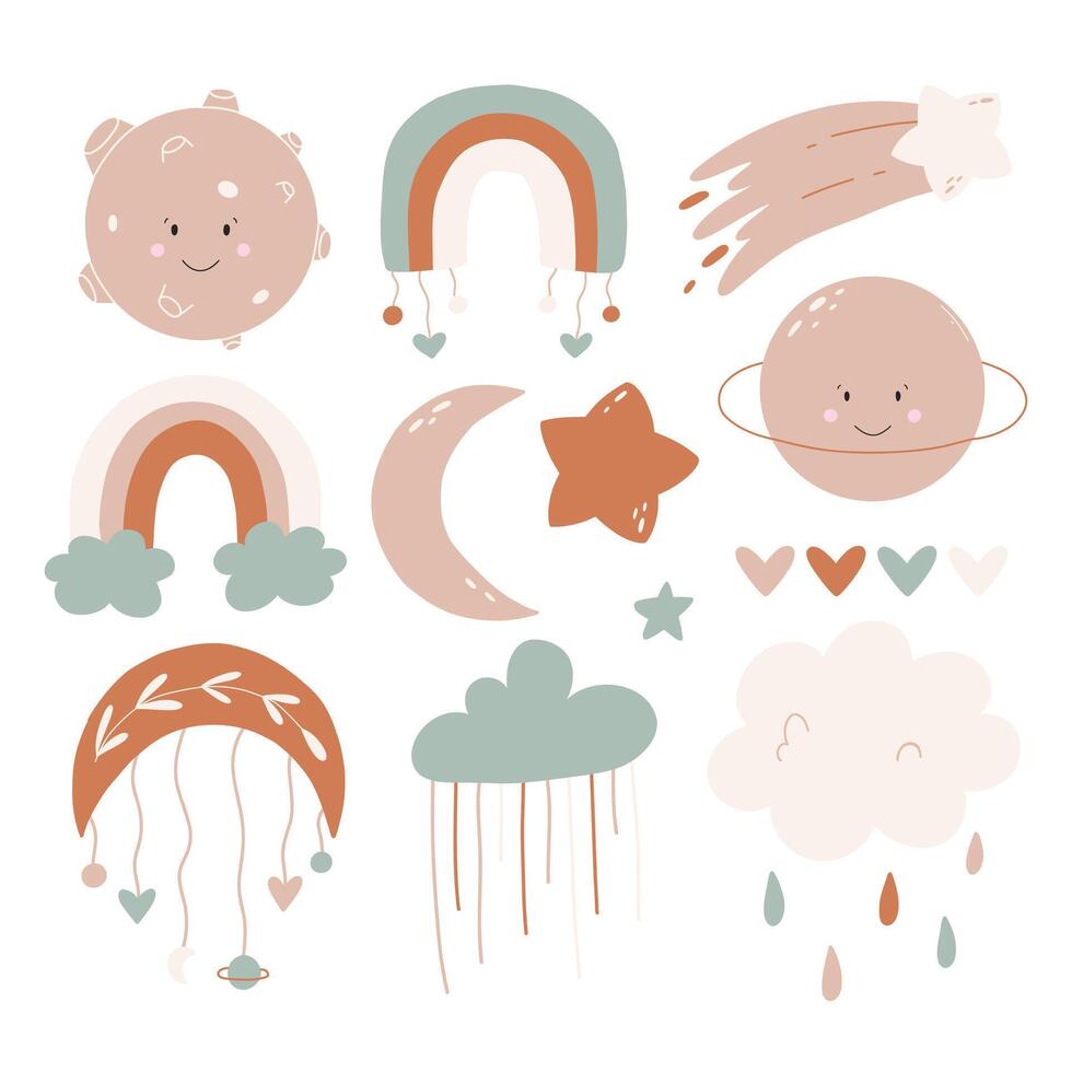 Set of cute boho baby objects in Scandinavian style. Boho style nursery decoration. hand drawn boho clipart for nursery decoration with cute rainbows and moon, sun, cloud. illustration vector