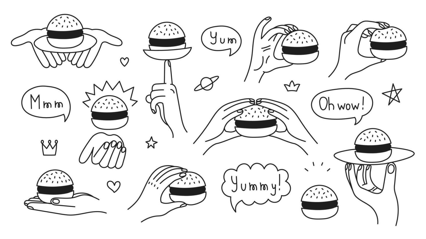 Hand Holding Burger Doodle Line set vector