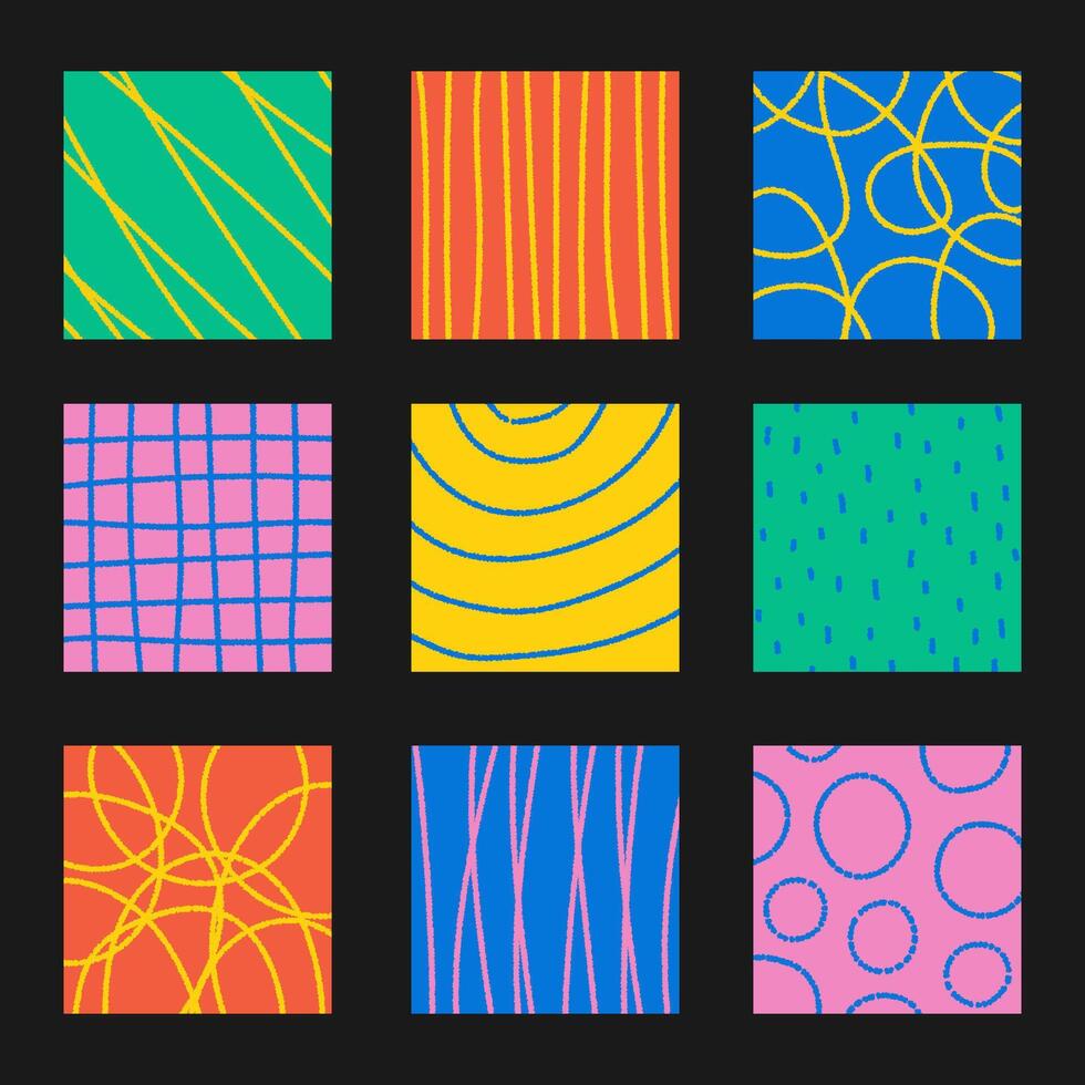 Playful Crayon Drawing Square Backgrounds Set vector