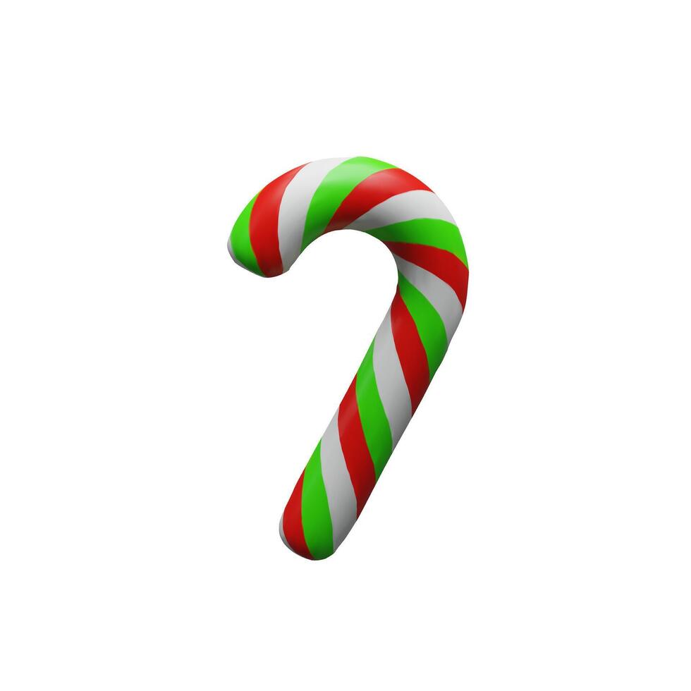 3d render striped traditional candy red green stick for Christmas. Three dimensional lollipop illustration. December colorful sugar candy cane for children. Merry Christmas and Happy New Year vector
