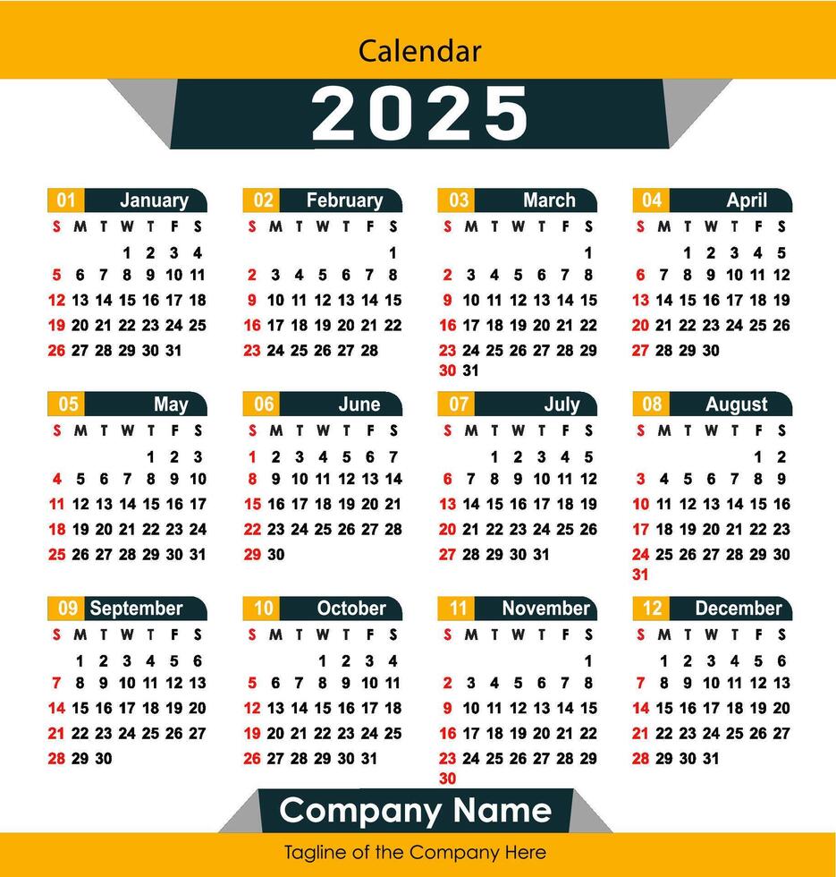 2025 Calendar illustration, Calendar date planner 2025 Editable design. vector