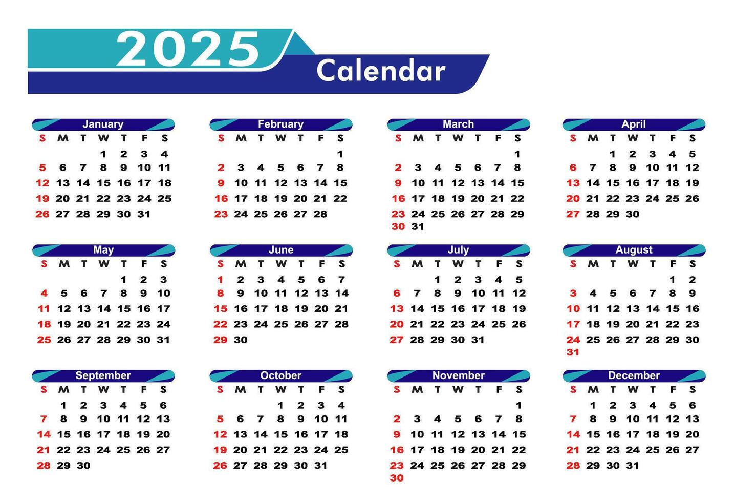 Editable calendar 2025 illustration, Calendar date plan 2025 Template. vector