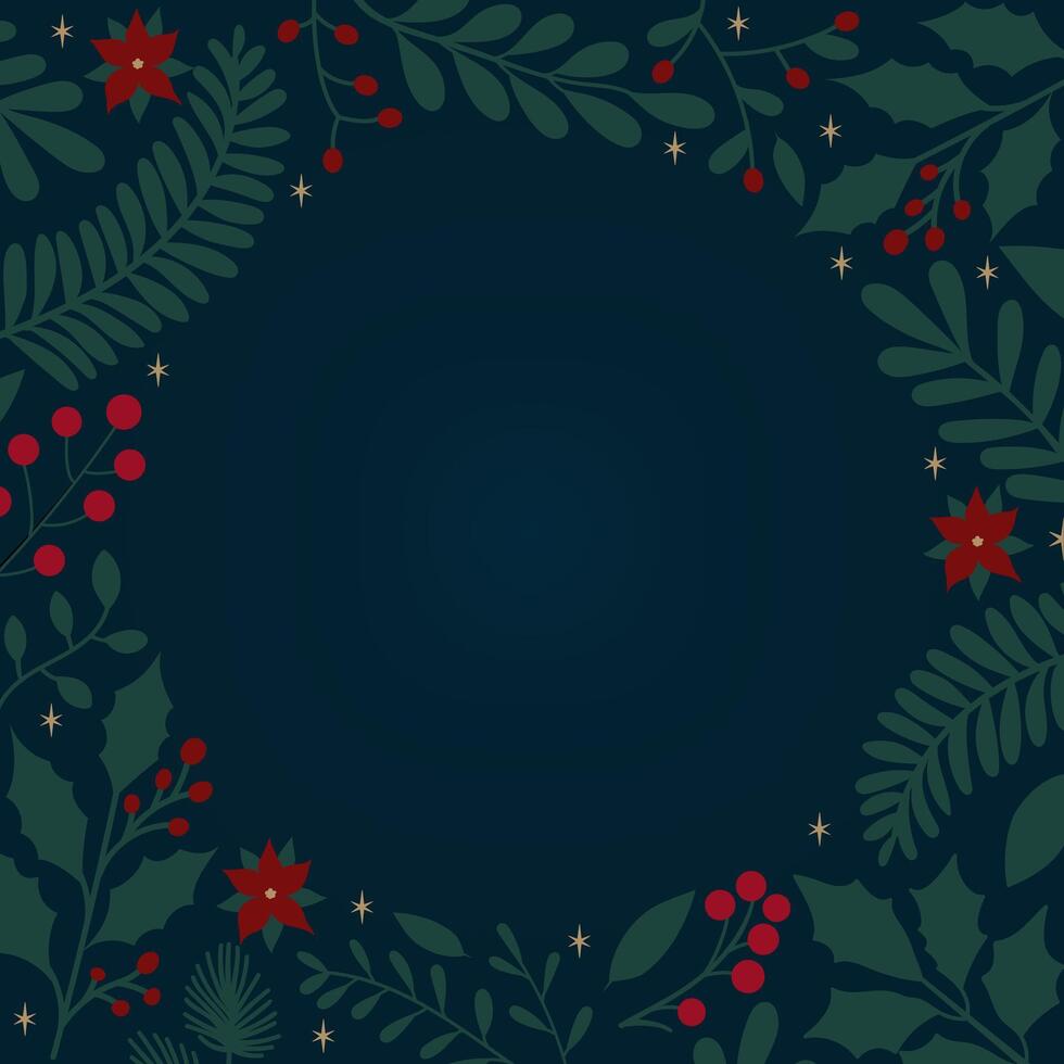 Christmas background with floral ornament of Christmas plant branches on dark background and copyspace vector
