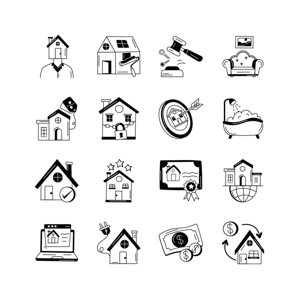 A collection of icons representing various aspects of real estate, including homeownership, renovation vector