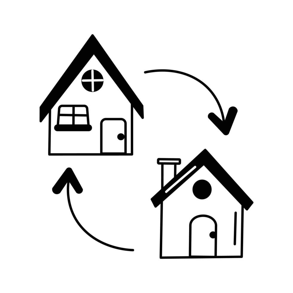 Arrows between houses, symbolizing property exchange or relocation vector