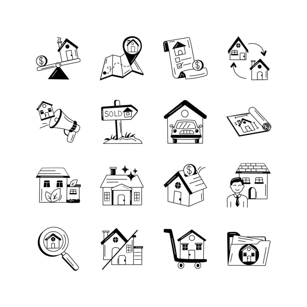 Collection of simple black and white icons representing various aspects of real estate, including buying, selling, property valuation vector