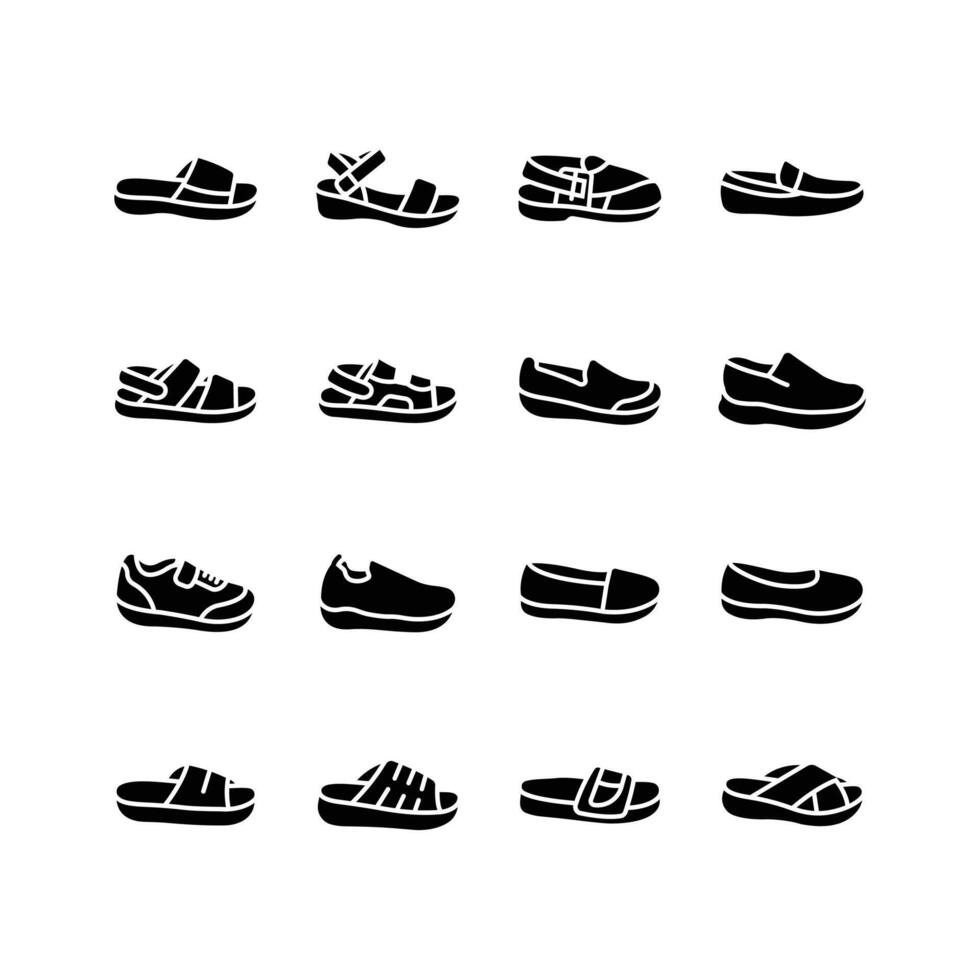 This set of simple icons depicts various types of footwear including sandals, sneakers, loafers, and slippers vector