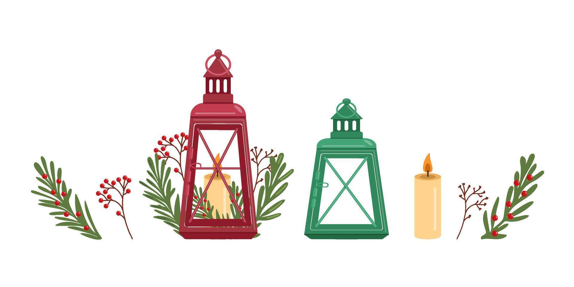 Winter Christmas lanterns, decor in flat design. Merry holiday. elements set. vector