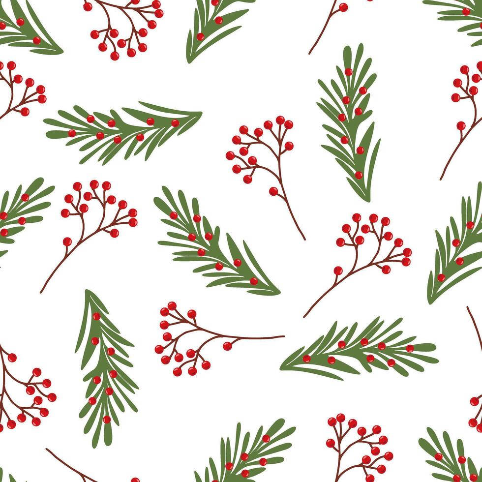 Christmas branches with red berries seamless pattern. vector