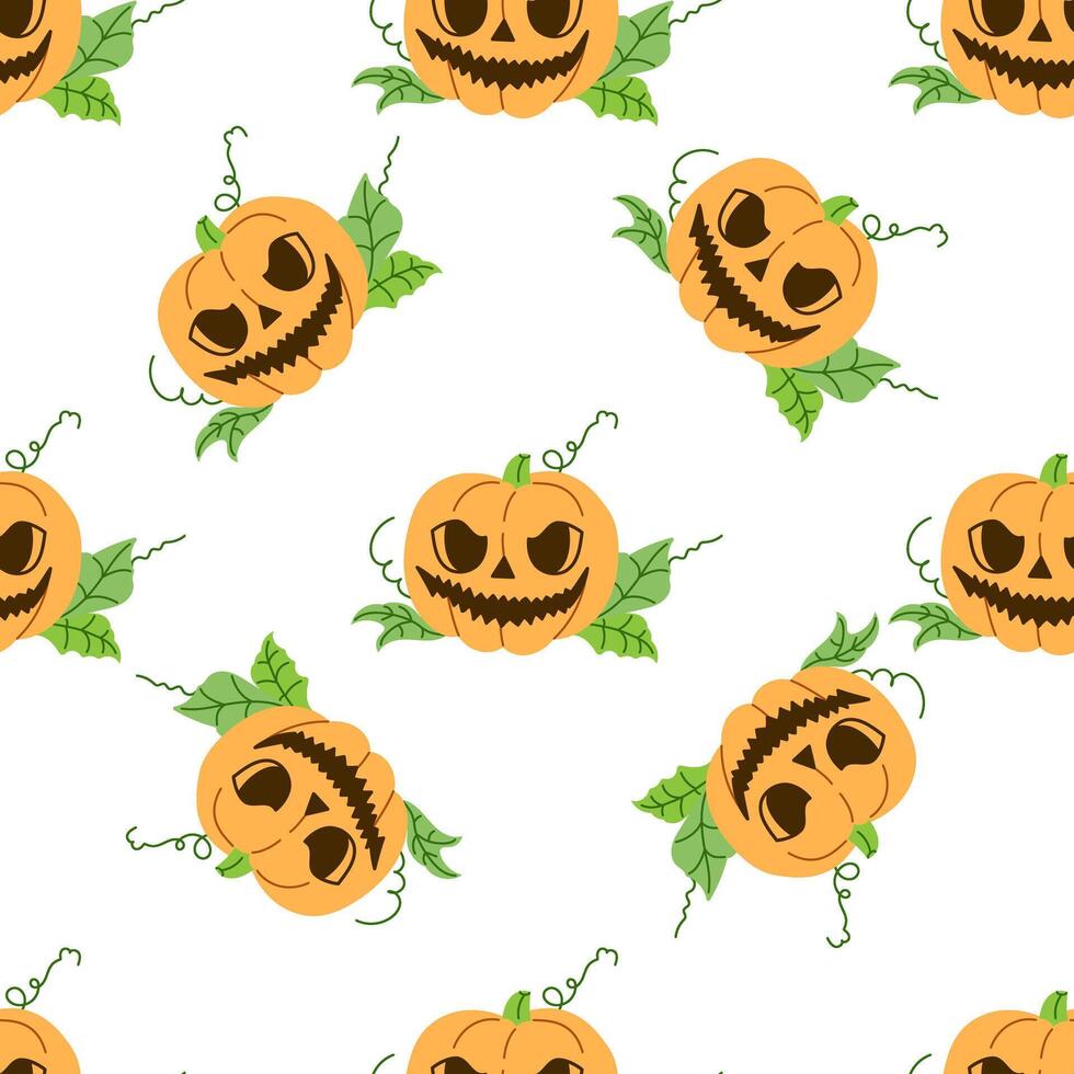 flat halloween design with seamless hand-drawn scary pumpkins vector