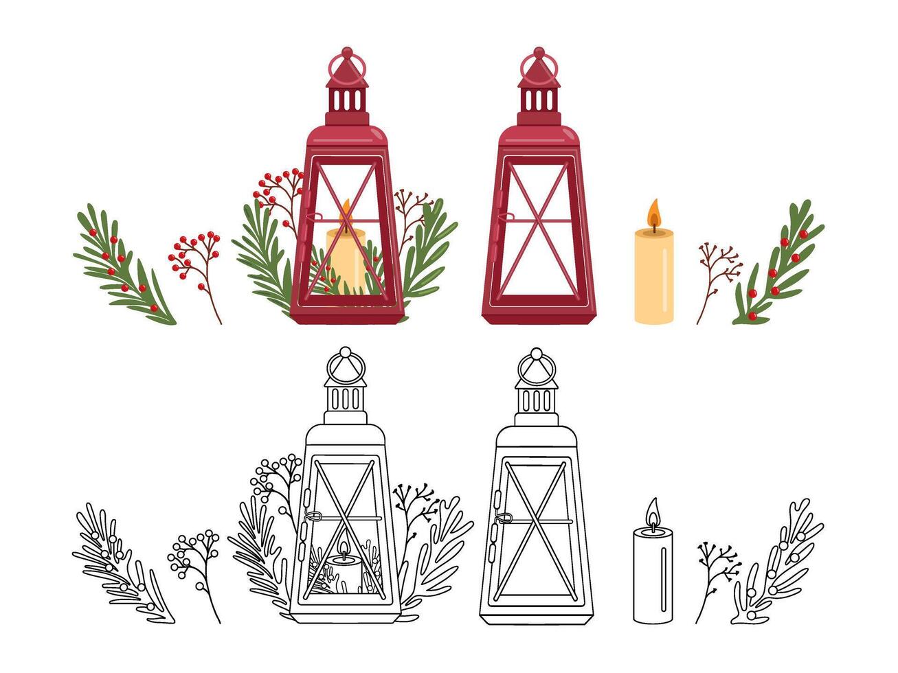 Winter Christmas lanterns, decor. Merry holiday colored and outline elements set. vector