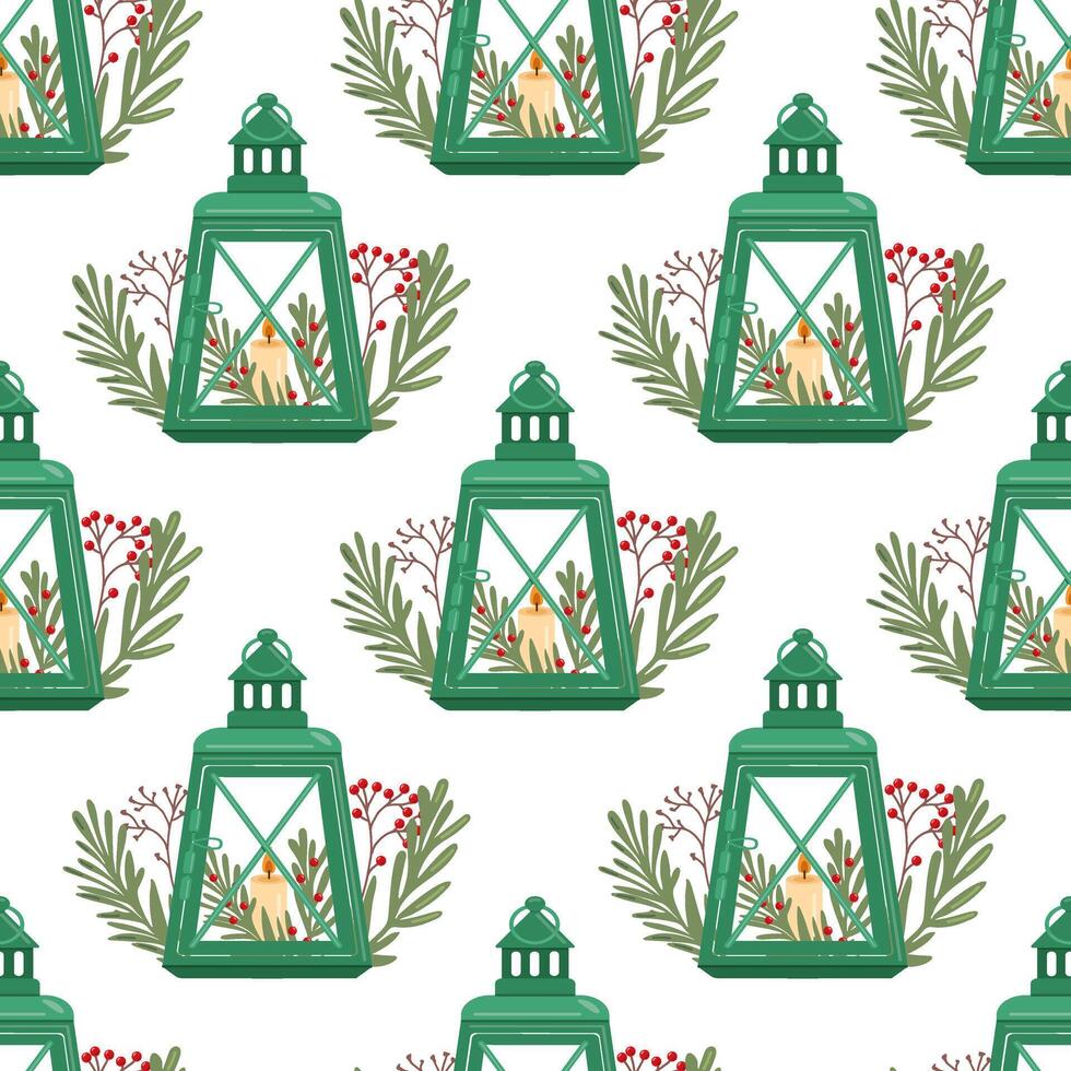 seamless pattern of winter christmas lanterns, holiday decor in flat design vector