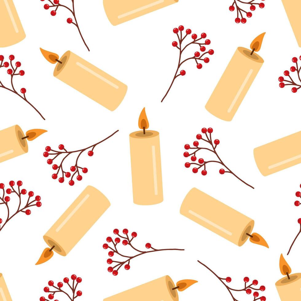 Flat style burning candle and branches with red berries. Seamless pattern. vector