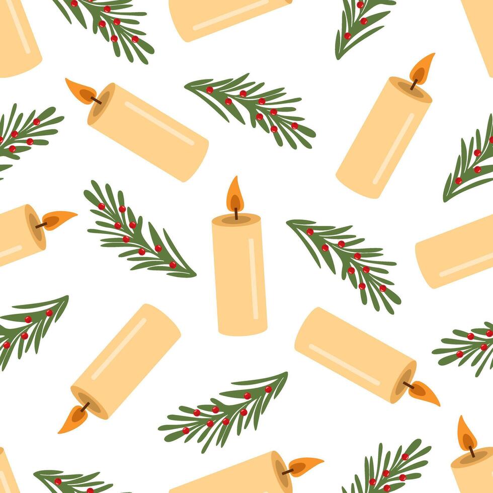 Flat style burning candle decorated with christmas branches with red berries. Seamless pattern. vector
