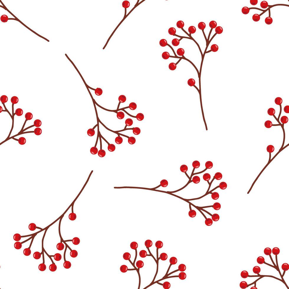 Red berries branch seamless pattern, clipart in flat style. Isolated on white background. vector