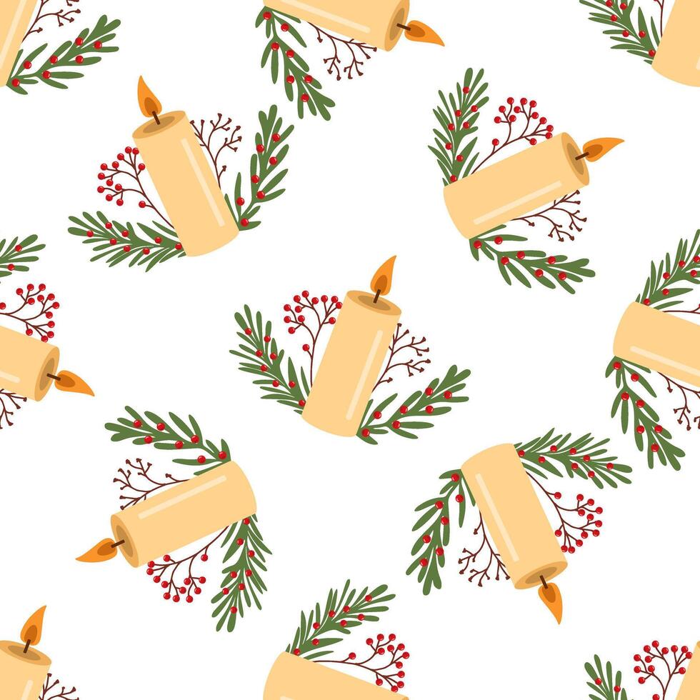 burning candle with christmas branches and red berries in a seamless flat style pattern vector