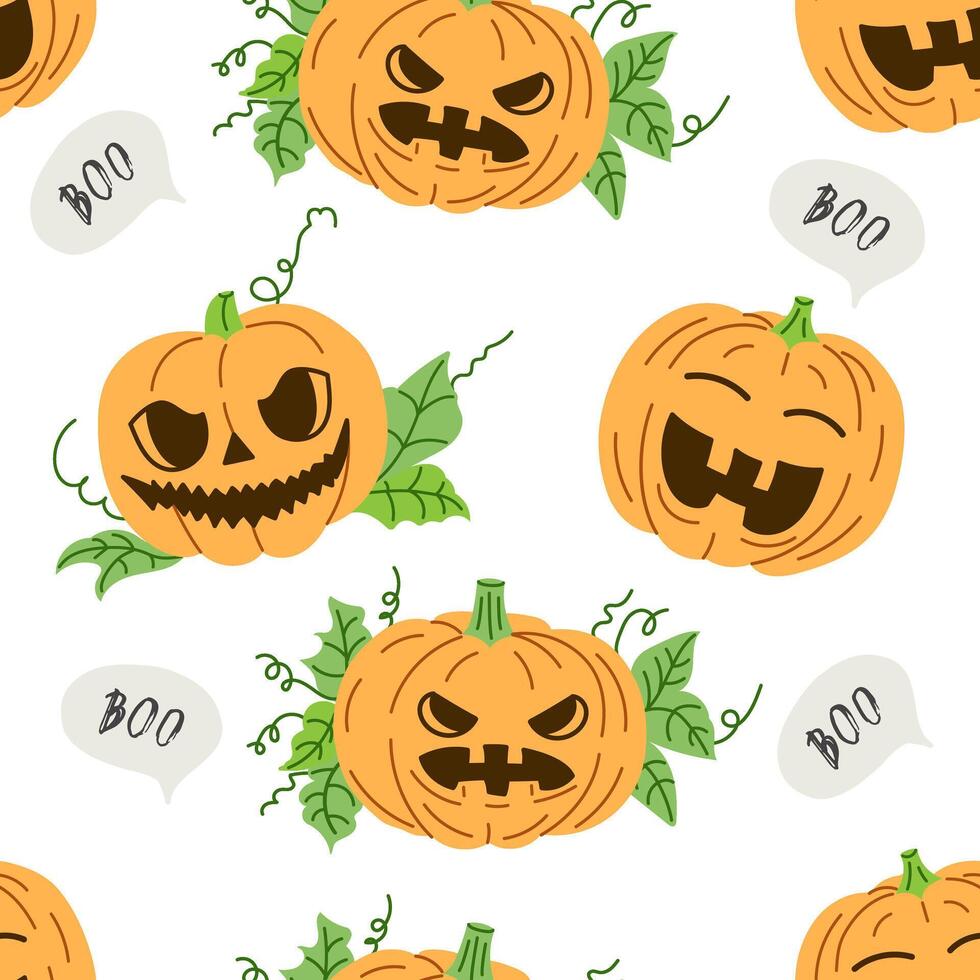 seamless halloween pattern featuring hand-drawn pumpkins in flat style vector
