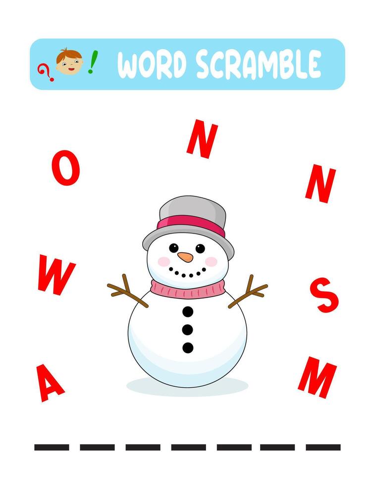 Christmas Spelling Word Scramble Game. An Educational Activity for Kids with the Word Snowman vector