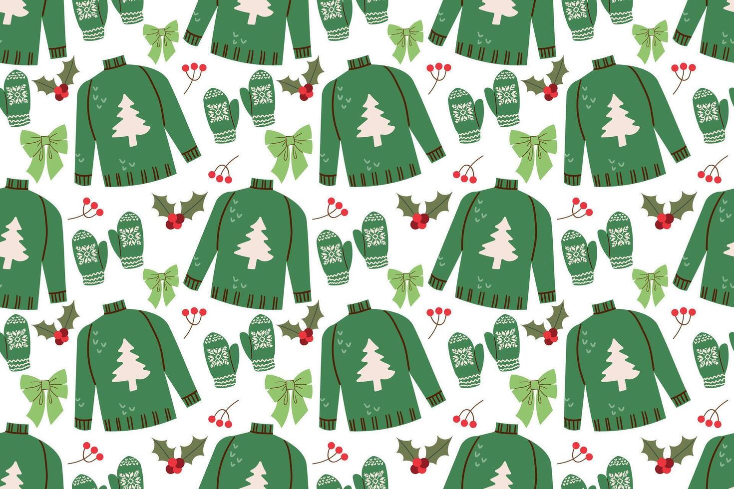 Winter pattern with knitted jumpers,and mittens. Cute background with ugly sweaters. Repeating texture for New Year holidays. Christmas ornament. Hand drawn cozy winter elements . vector