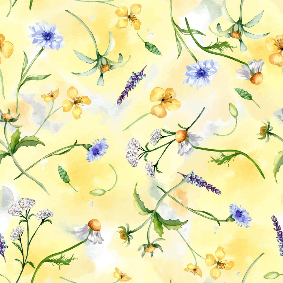 Floral seamless pattern with medicinal plants in watercolor isolated on yellow backdrop. Yarrow. celandine botanical print in sketch. Bur marigold, cornflower hand drawn. Design for textile, package. vector