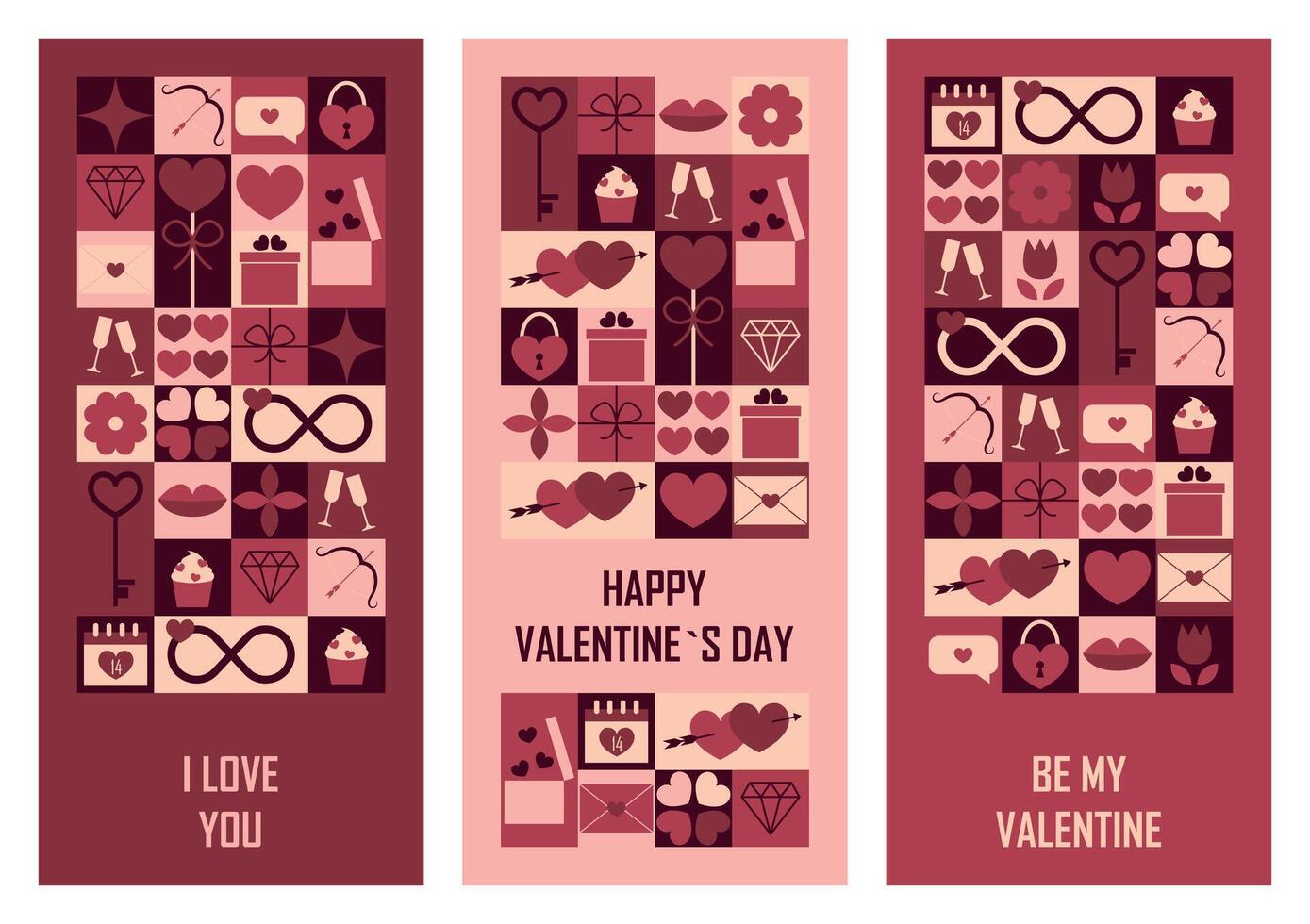 Set of festive vertical banners Happy Valentines day. Templates for greeting card or invitation in abstract modern geometric style. illustration vector