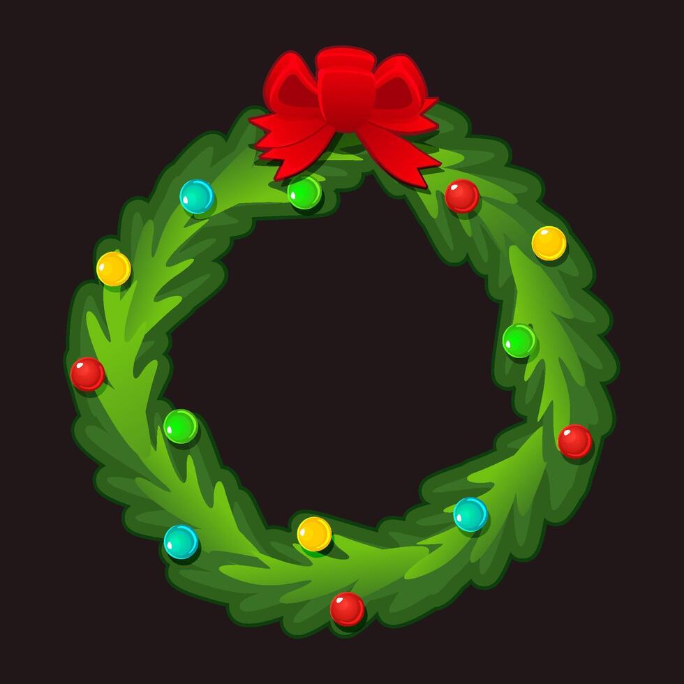 Christmas wreath icon or frame isolated. sticker or sign. New Year home decoration with red ribbon bow for your icon. Evergreen forest plant branches woven to circle for the door decor vector