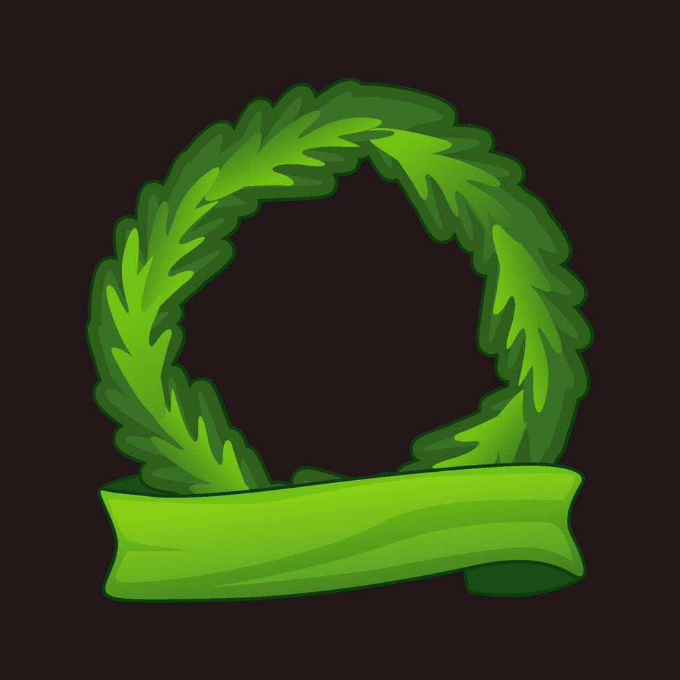 Christmas wreath icon or frame isolated. sticker or sign. New Year home decoration with green ribbon for your icon. Evergreen forest plant branches woven to circle for the door decor vector