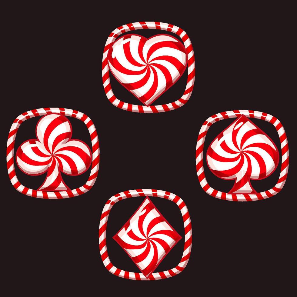 Set of red playing card symbols like lollipops or cady for your game and slot machines. Colored candy playing card symbols- clubs, diamonds , hearts and spades vector