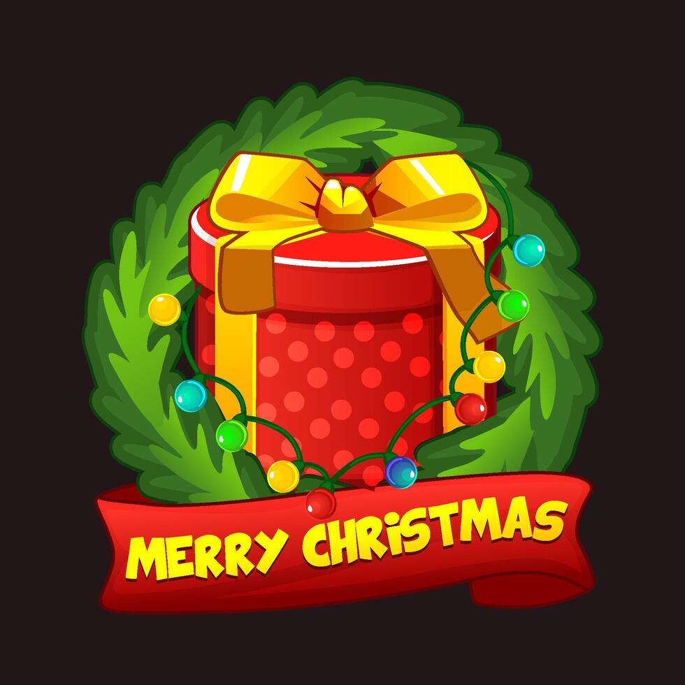 Christmas wreath icon with red ribbon and gift box, Merry Christmas. sticker or sign vector
