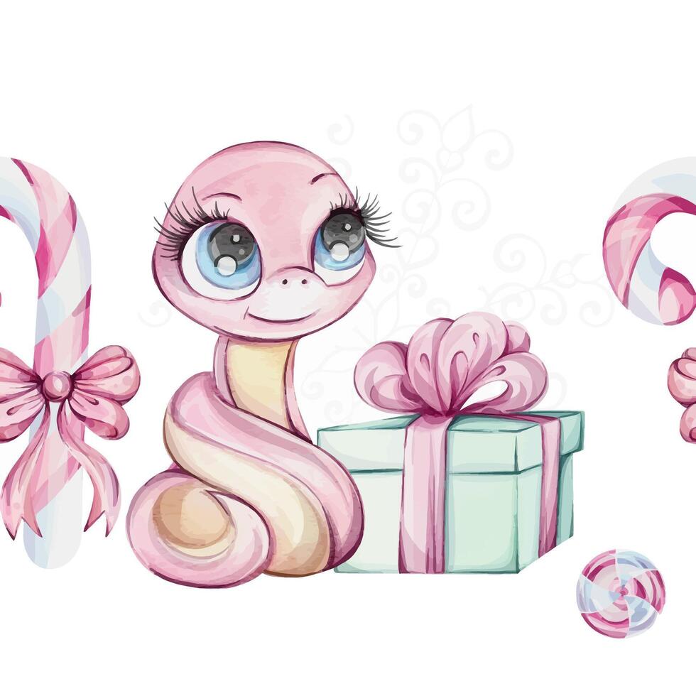 Pink snake girl with green gift box and pink bow, candy cane. Watercolor Seamless pattern, border with Symbol of Chines New Year 2025 in cute cartoon style for souvenirs, printing, packaging, fabric. vector