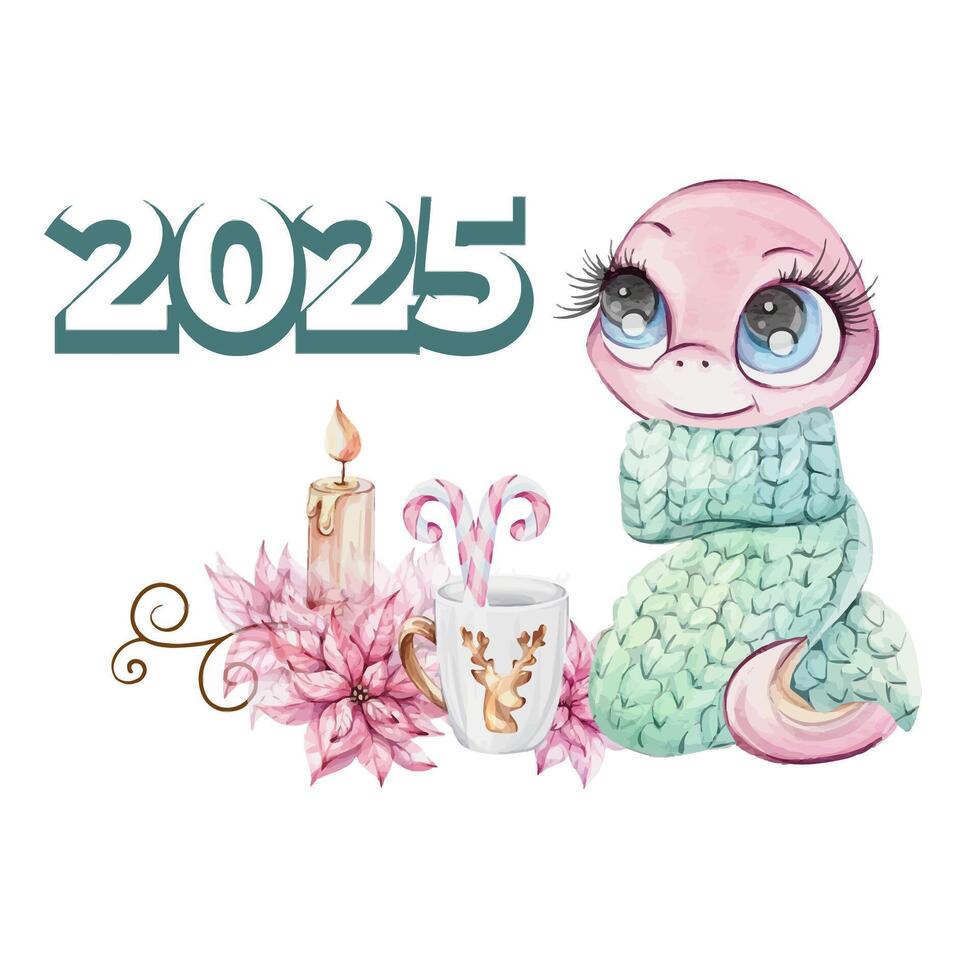 Pink snake girl in green sweater with cup and candle, candy cane and red poiscentia in watercolor style. Cartoon postcard with symbol hugge of Chines New Year 2025 for souvenirs, printing, packaging. vector