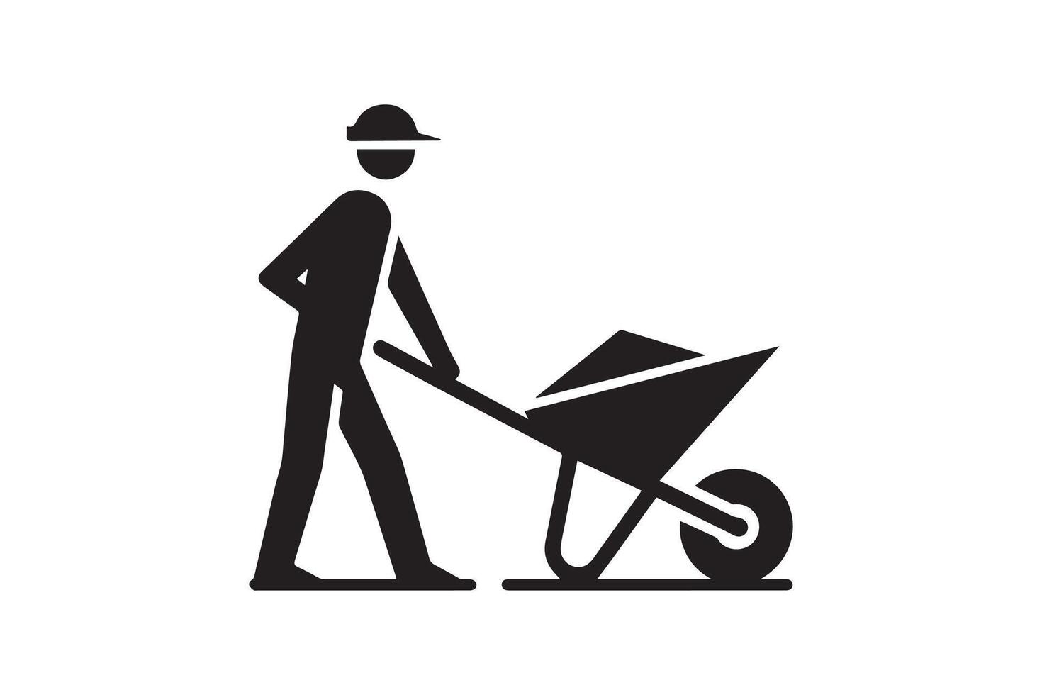 A black and white silhouette of a man pushing a wheelbarrow vector