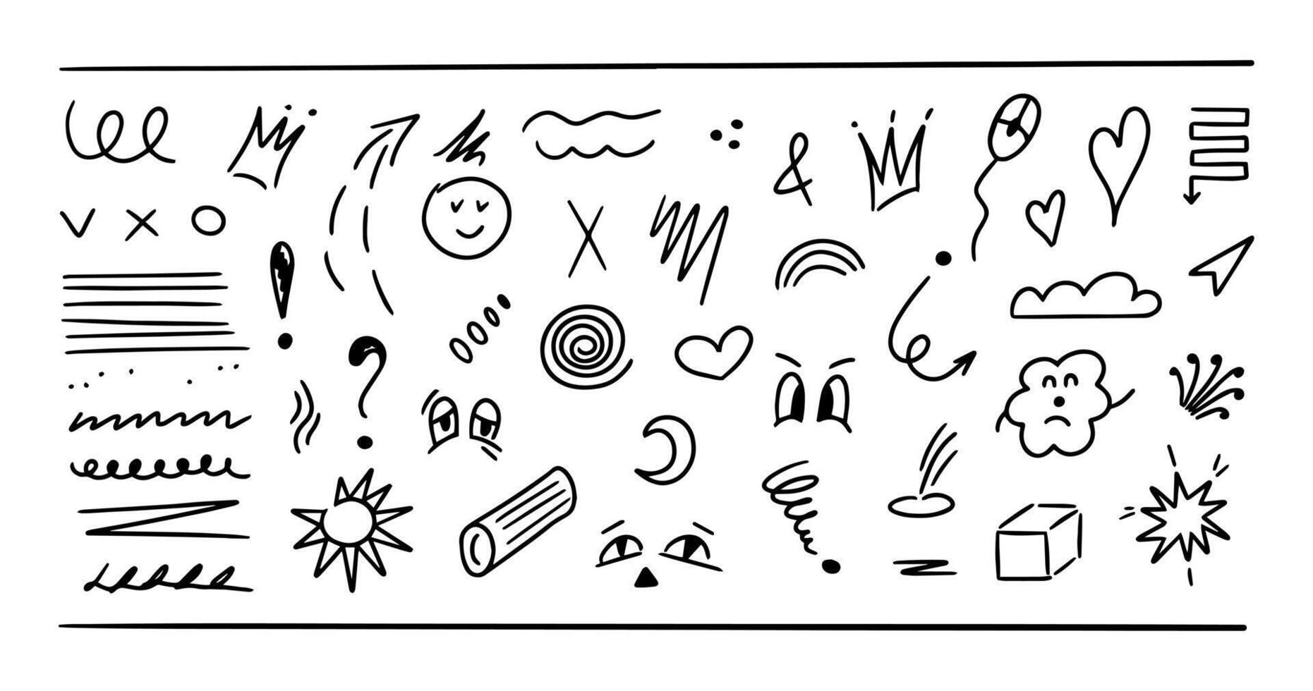 Hand drawn elements, heart, arrow, line, star, crown, speech cloud, flower, emphasis. Doodle line brush or marker scribbles, underlines, pencil sketch graphic vector