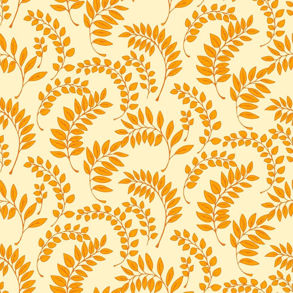 Seamless botanical pattern featuring orange leaves on a light background. Elegant foliage design in warm tones, ideal for textiles, packaging, home decor, and stationery projects vector